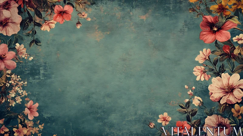 Vintage Floral Garden Blooming on Textured Teal Canvas