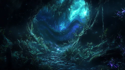 Luminous forest tunnel opening into glowing astral sky.