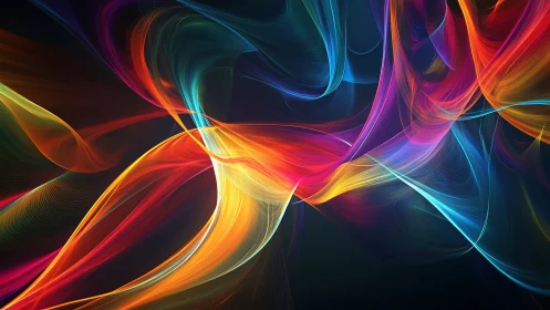 Chromatic light ribbons flowing across deep noir void.