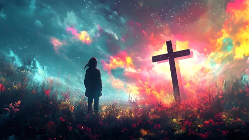 Starlit wanderer meets radiant cross in blooming nebula dusk