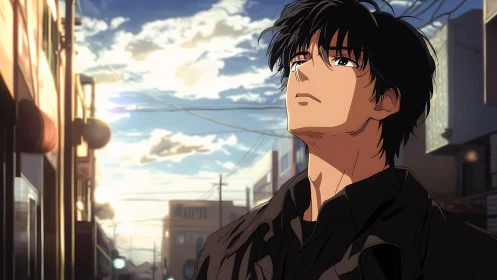 Pensive young man gazes upward along sunlit urban street