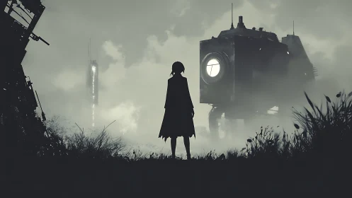 Silhouetted wanderer greets the fog-bound walking bunker