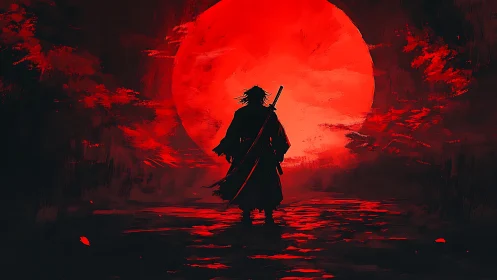 Lone samurai strides toward a colossal blood-red moon.