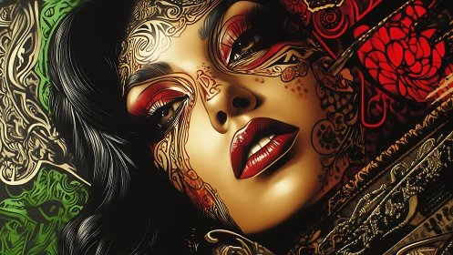 Tattooed femme portrait with ornate red and gold filigree.