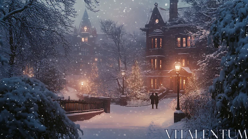 Victorian townhouse courtyard under diffuse nocturnal snowfall.