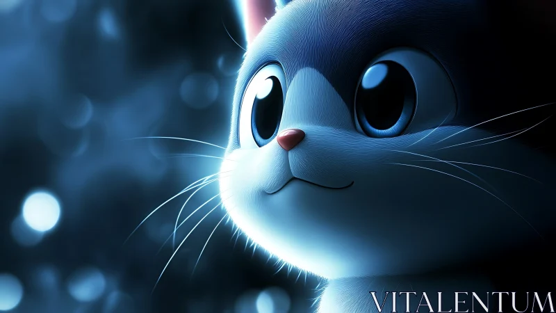 Luminescent Blue Feline Character with Oversized Expressive Eyes.
