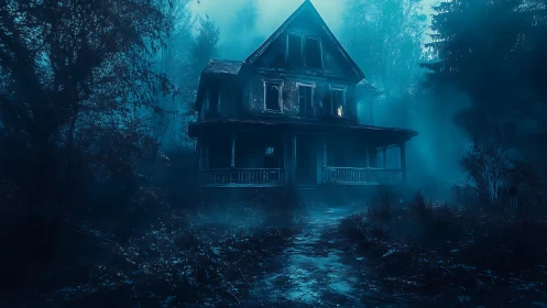 Old two story wooden house in dense blue foggy forest.