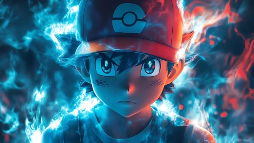 Intense anime trainer portrait in dual blue red flame aura