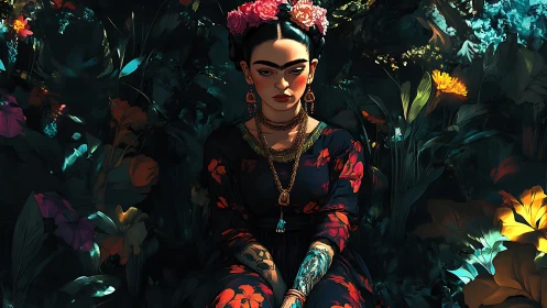 Digital portrait of seated woman in dense foliage with chiaroscuro lighting