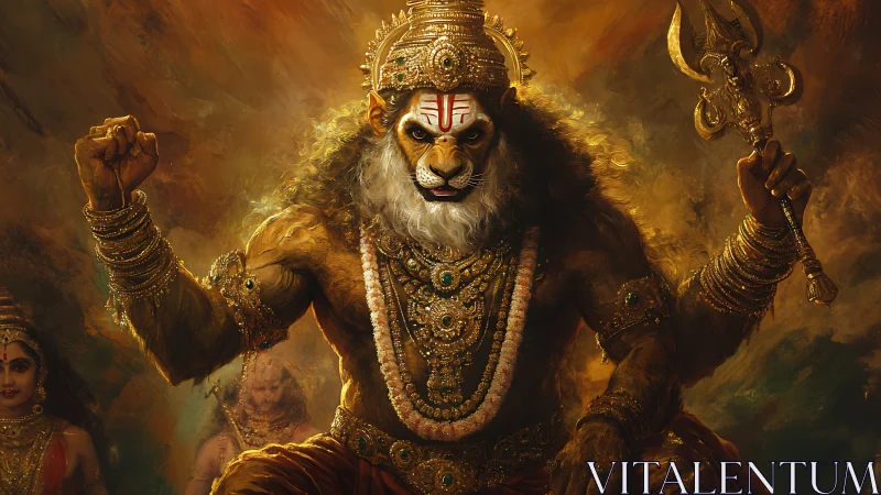 Lion-headed deity figure in ornate golden regalia, seated.