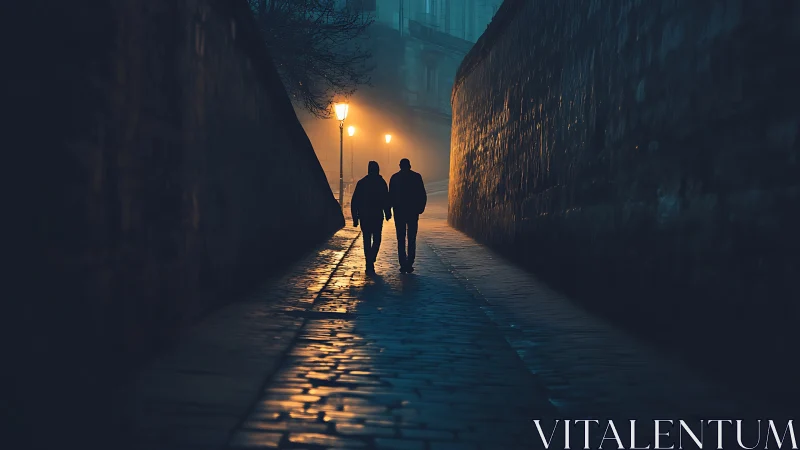 Two Friends Walking Through a Rainy Night Street Together