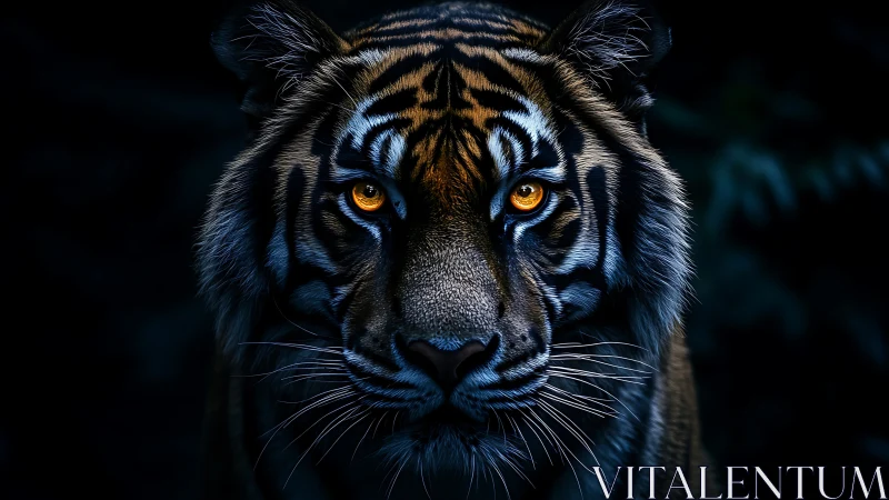 Tiger portrait with high contrast lighting and dark background.