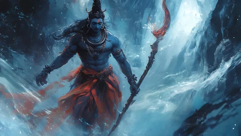 Blue-skinned warrior deity walking through icy storm.