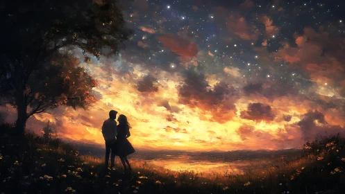 Couple beneath burning sunset sky with starlit clouds.