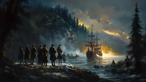 Soldiers watch burning ship anchored in narrow misty bay