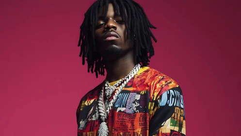 Photographic portrait with bold streetwear and magenta backdrop.