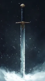 Bifurcated frost greatsword in suspended atmospheric drift.