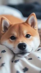 Daydreaming shiba curls into cloud-soft sheets of calm.
