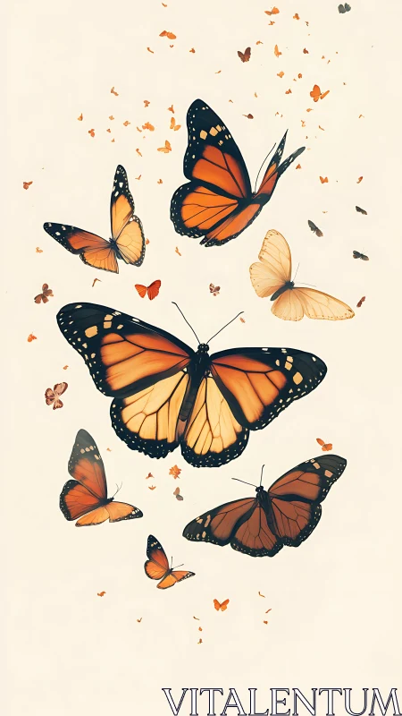 Monarch butterflies drift upward in a soft minimalist sky.