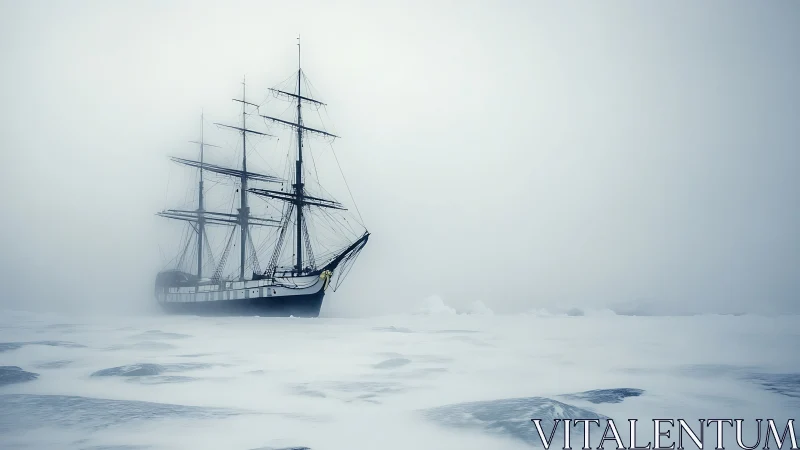 Tall ship drifting softly through a silent arctic mist.
