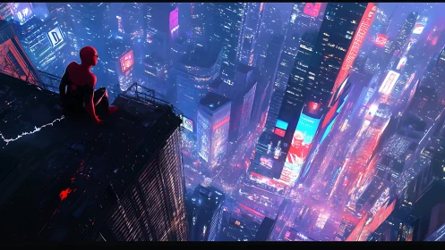 Cyberpunk vigilante overlooking neon-drenched megacity skyline.