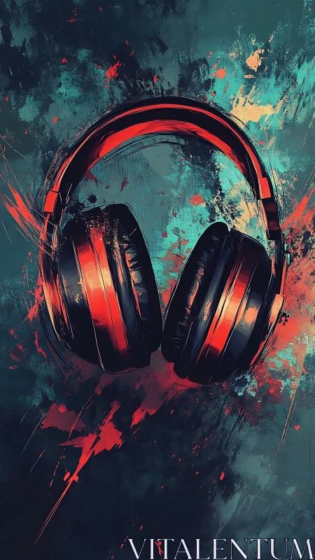 Vibrant red headphones amid teal abstract paint splashes.