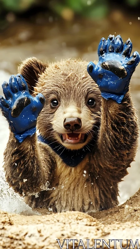 Bear cub splashes in shallow water wearing blue gloves
