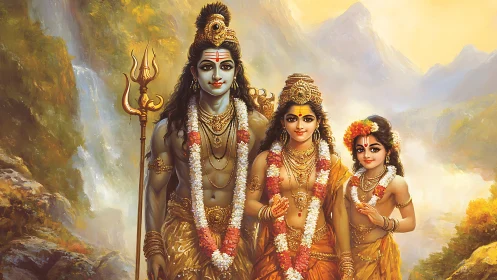 Divine Hindu family portrait in luminous mountain landscape.