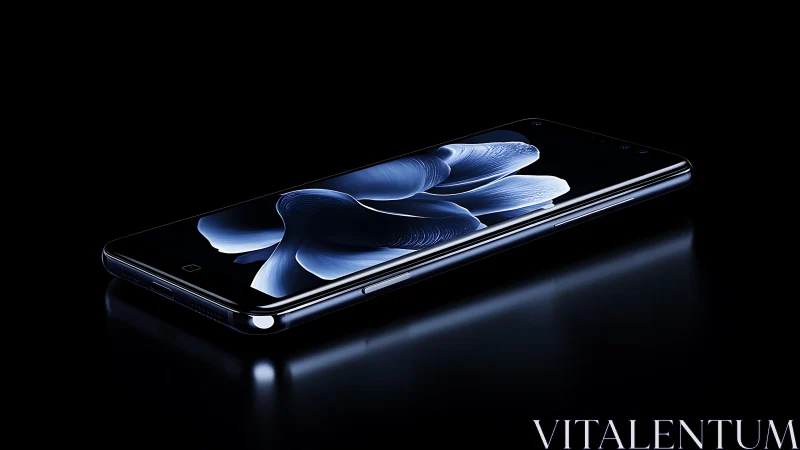 Premium smartphone with curved OLED display showcasing abstract blue fluid morphology