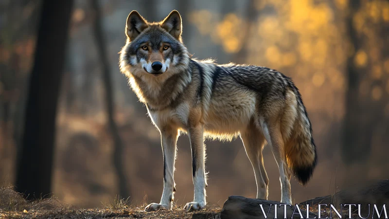 Grey wolf standing in sunlit forest clearing at dusk.