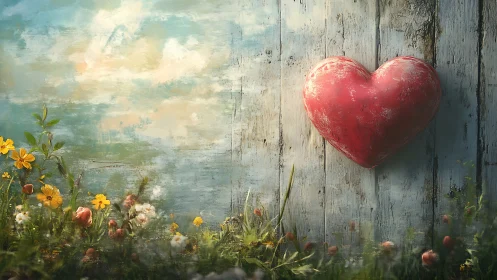 Red Heart Against Weathered Wood with Floral Garden Composition
