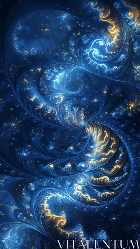 Fractal spirals form layered blue and gold vortex structures