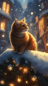 Digital painting of cat on snowy ledge with warm bokeh lights.