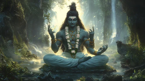 Forest silence crowns meditating deity in luminous mist