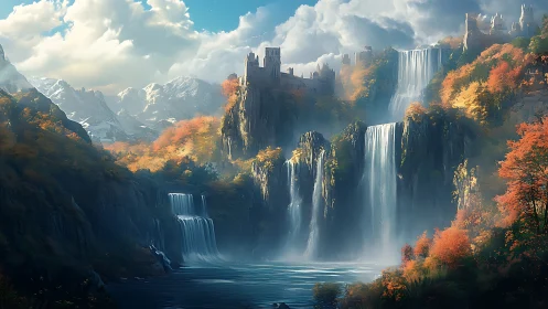 Majestic cliffside castle above cascading mountain waterfalls.