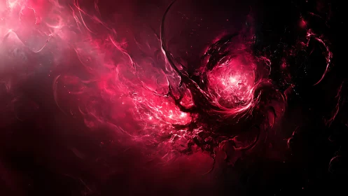 Cosmic crimson nebula swirls in a storm of radiant light