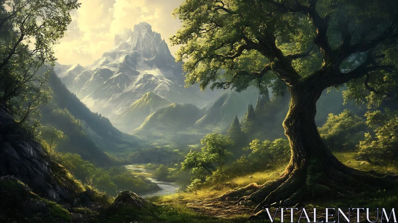 Mountain Valley Landscape with Alpine Peak and Dense Forest