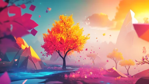 Neon autumn tree conducts a glowing symphony of shards