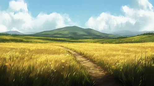 Golden field path leading toward distant green hills.