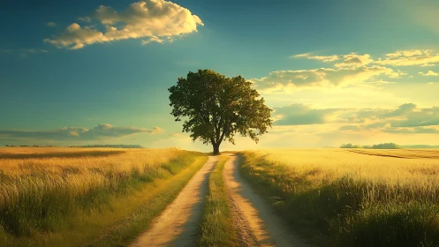 Solitary field guardian greeting a golden evening road.