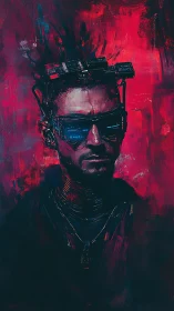 Cyberpunk wanderer in neon glow and electric red haze.