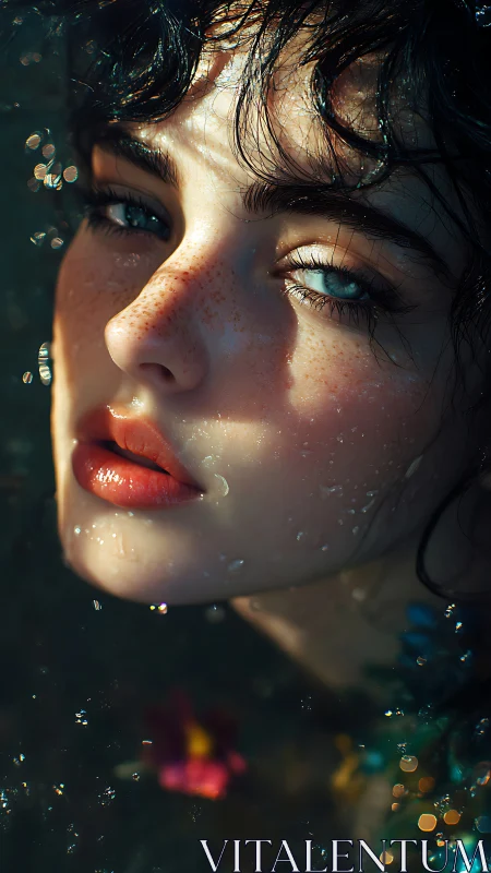 Wet close-up portrait of freckled woman in moody light.