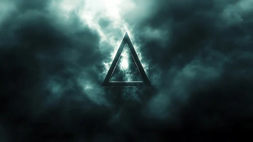 Mystic glowing triangle gently emerges from swirling storm clouds