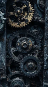 Corroded interlocking steel spur gears with oxidized patina