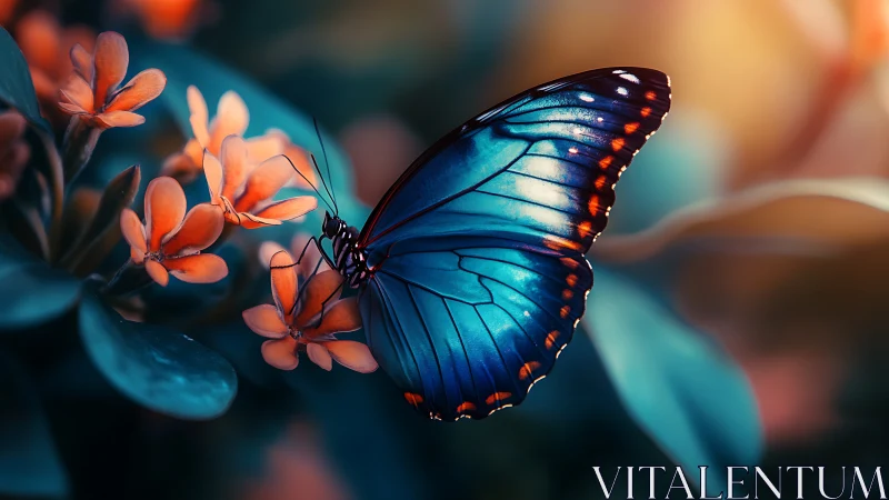 Blue butterfly rests on orange blossoms in soft bokeh light.