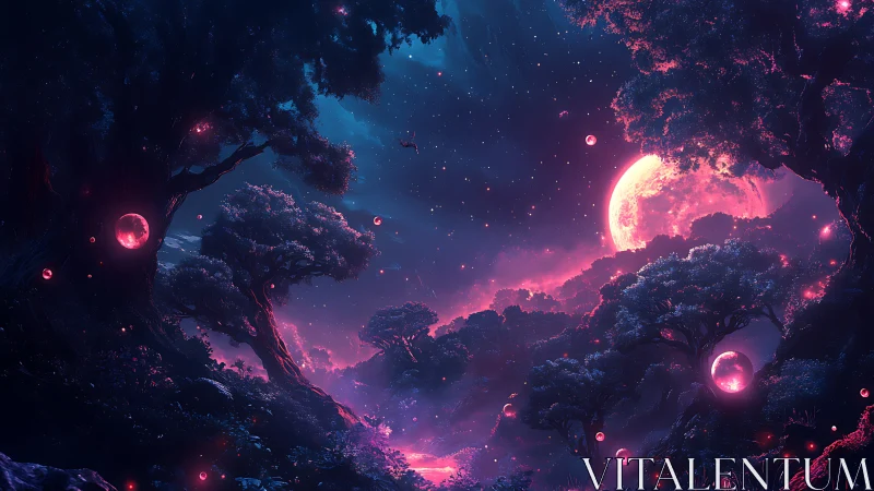 Luminous moonforest under neon skies of enchanted twilight.