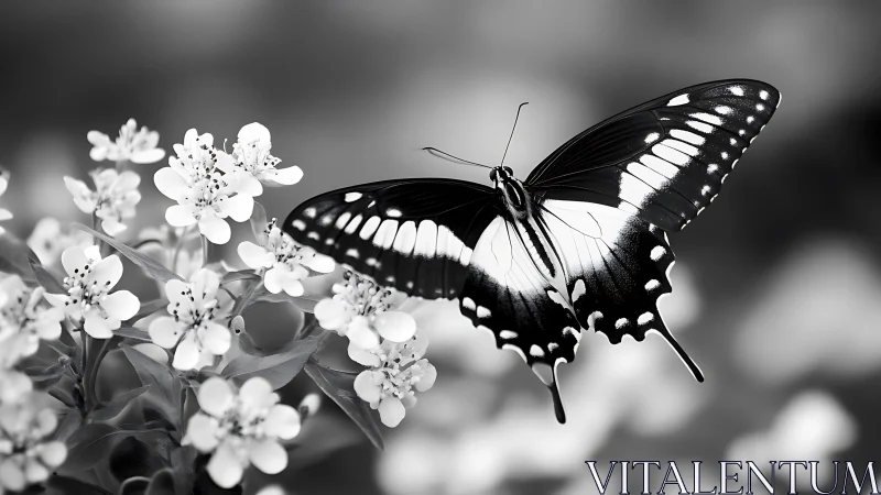 Monochrome swallowtail butterfly over clustered spring blossoms.