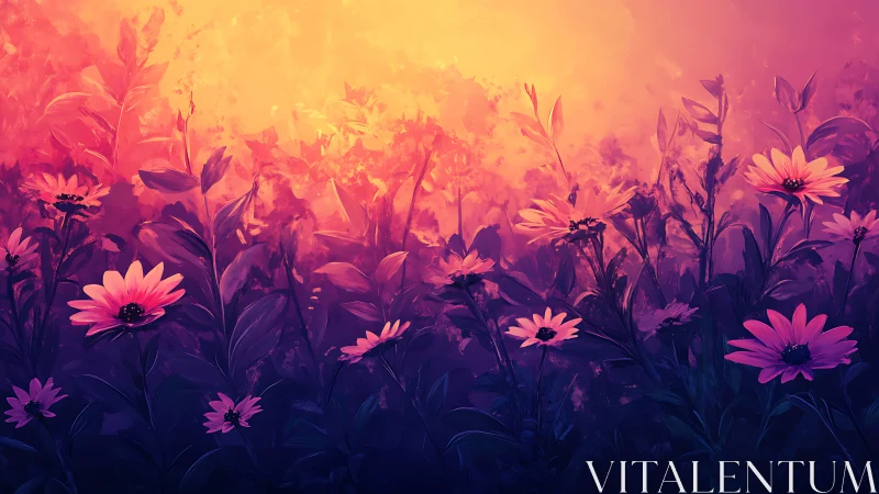Floral field rendered with gradient color transition from warm to cool tones