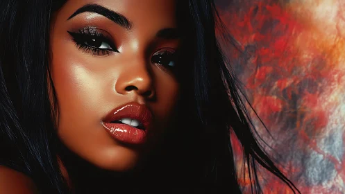 Digital portrait of woman with glossy lips against abstract.