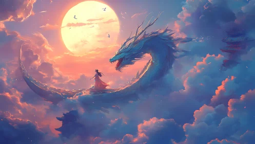Luminous moonlit dragon spiraling through sunset cloudscape